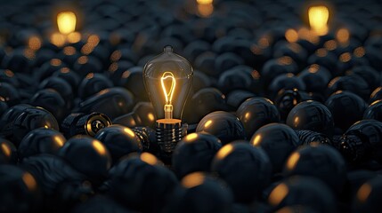 Fototapeta premium Light bulb glowing brightly, standing out from the crowd of darkened bulbs
