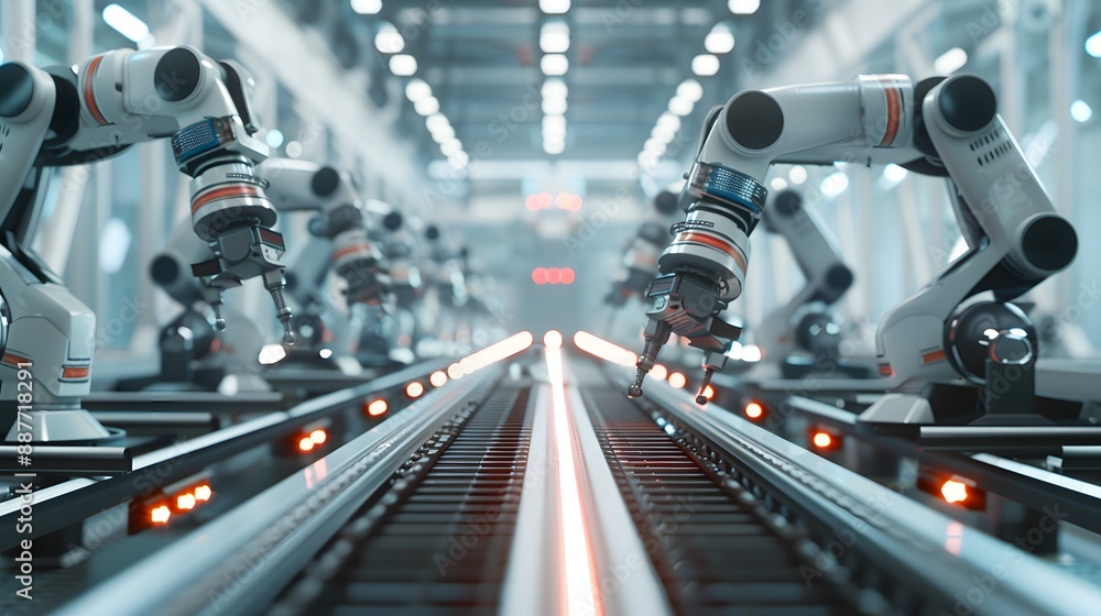 Poster a futuristic assembly line where robots and automated arms work seamlessly, illustrating the impleme