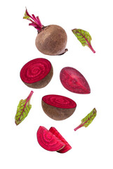 Closeup beetroot (beet root) and half sliced with leaf flying in the air isolated on white...