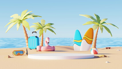 3D render, Summer beach background with podium or pedestal for product presentation,  minimal summer element decoration.