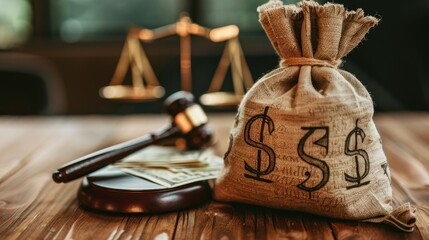 Money bag and judge's gavel, symbolizing the intersection of law and finance