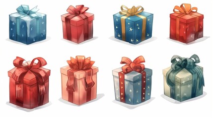 Colorful collection of gift boxes with various patterns and bows.