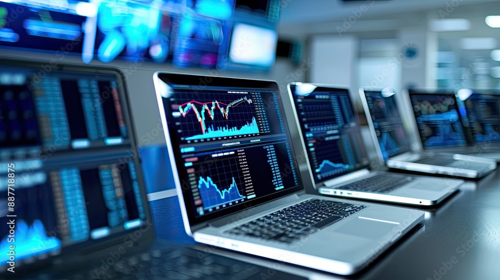 Poster multiple laptops with screens showing stock market data and graphs