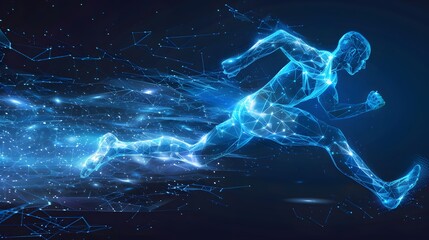 Blue glowing wireframe hologram of an athlete running on dark blue background concept for sport technology and futuristic digital design element