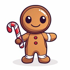 A cartoon gingerbread man holding a red and white cane