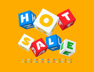 Fototapeta premium Vector funny banner Hot Sale. Room. Colorful 3D Cube Font. Creative Blocks Alphabet Letters and Numbers.