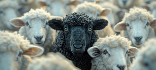 Black Sheep Among Flock of White Sheep Standing Out as a Leader