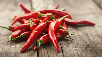 Red chili peppers on rustic wooden table, showcasing vibrant color and texture, perfect for spicy food