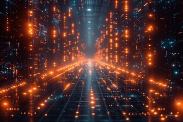 Obraz premium Digital Pathway: A Glowing Corridor of Data