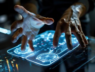 Gesture control, advanced tech, intuitive holographic interface, sleek design
