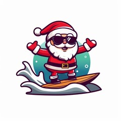 A cartoon of Santa Claus riding a surfboard