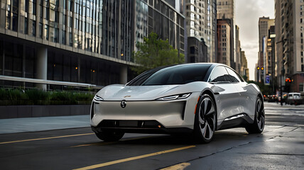 Sleek Electric Car Plugged In At Urban Charging Station During Sunset
