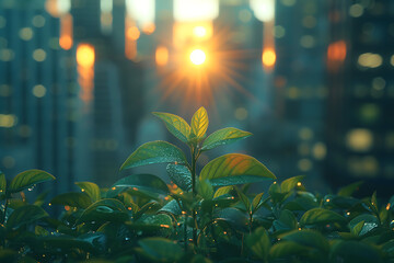 Fototapeta premium A green bush bathed in sunlight stands in sharp focus in the foreground, while the backdrop features towering skyscrapers, creating a striking contrast between nature and urban architecture