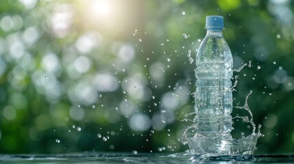 Bottle of water splashing with drops in nature highlighting sunlight and refreshment on a green background