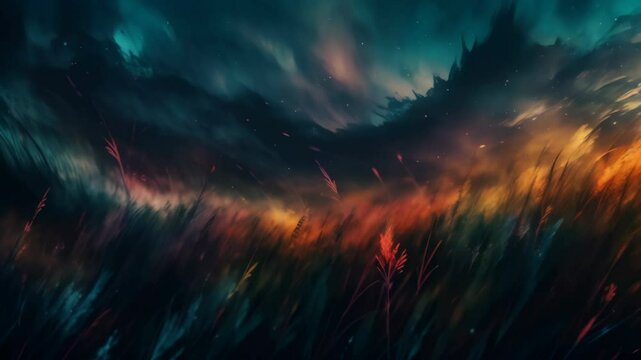 Art landscape field and northern lights, looping 4k