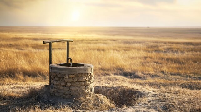 Old stone well in dry grassy field under sunset light, symbolizing natural water source in an arid environment