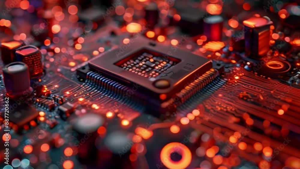 Poster a close-up view of a circuit board with red led lights, showcasing the intricate design and complexi