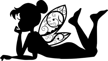 Fairy silhouettes. Funny fairies in different poses. Little creatures with wings. Mythical fairy tale characters in cute dresses. Beautiful fairies