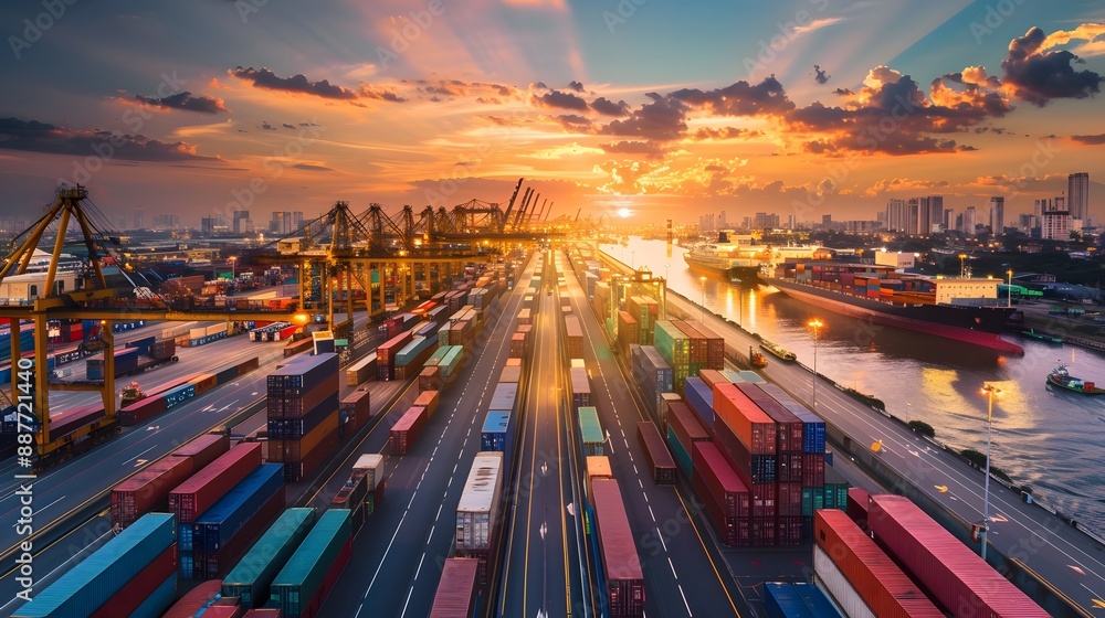Poster a logistics hub where managers optimize inventory levels and streamline distribution networks using 