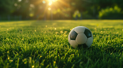 A soccer ball on a green grass, lawn, field, sun light. 