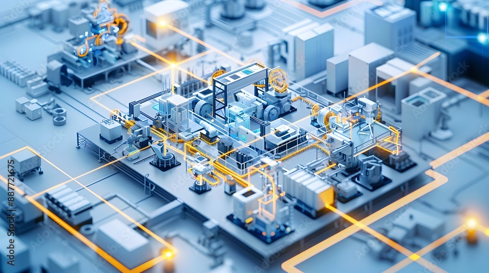Poster a digital manufacturing plant displaying the seamless flow of data and instructions from design to p