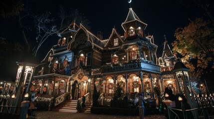 Fototapeta premium 3d horror scary spooky Halloween dark house at night with glowing light windows and black bats.