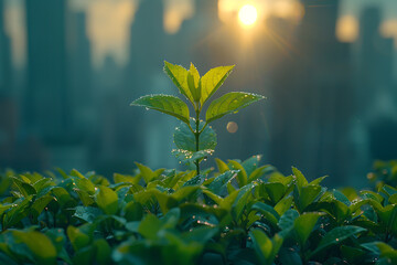 Obraz premium A green bush bathed in sunlight stands in sharp focus in the foreground, while the backdrop features towering skyscrapers, creating a striking contrast between nature and urban architecture