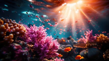 Fototapeta premium Deep underwater exploration, a divers light revealing the mysterious and vibrant world of coral reefs and marine life