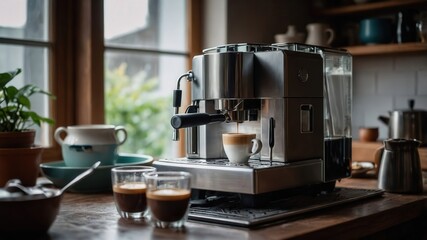 An espresso machine sits on a kitchen countertop, surrounded by cups and utensils, with natural light streaming through a window.

