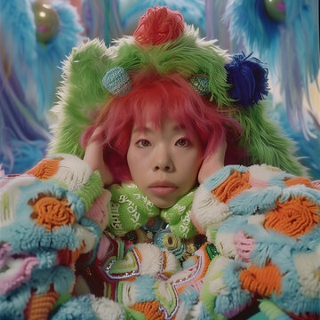 Young dorky woman with colorful hair and clothes, quirky and playful mood