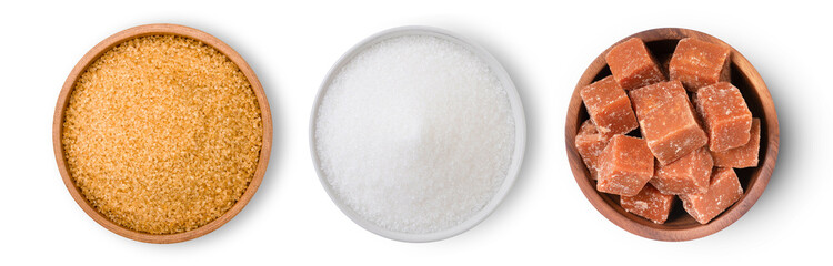 Brown and white sugar, sugarcane cubes in wooden bowl isolated on white background, top view, flat lay.