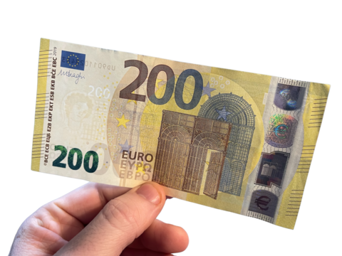 Hand holding a 200 euro banknote. PNG, transparent background