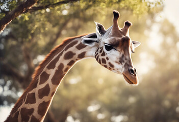 Obraz premium A giraffe feeding on treetops in the savanna, midday sun 