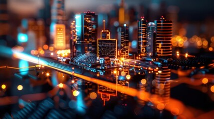 Obraz premium Gleaming cityscape at night, reflecting advanced robotics and AI integration, showcasing a future metropolis