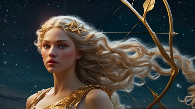 Artemis is a goddess of the hunt and moon, with a silver bow. In this painting, she has golden hair and eyes like stars. The moonlight makes her look ethereal. Every detail is beautiful and well-made.