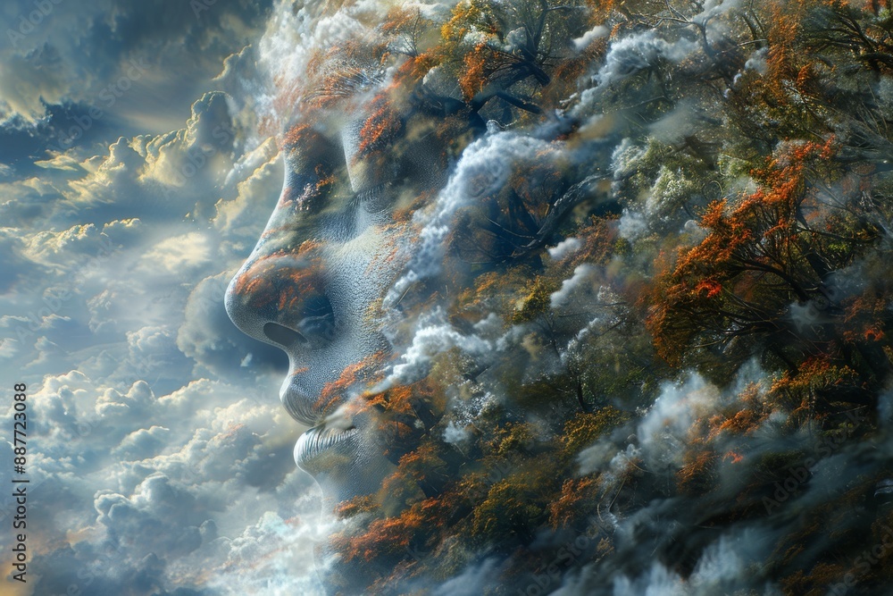 Aufkleber woman's face merging with clouds powerful and dynamic sky digital fantasy art captivating and surrea