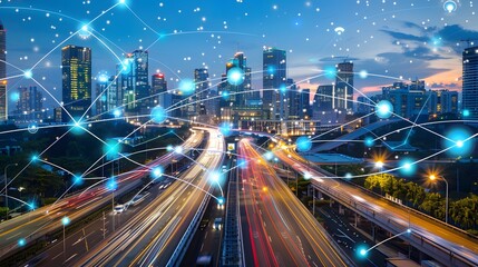 A smart city panorama with interconnected IoT devices feeding real-time data into digital twins of urban systems, optimizing traffic flow and resource management