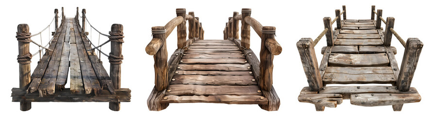 Obraz premium Set collection of arch rustic wooden wood suspended rope suspension bridge entrance footbridge boardwalk on transparent cutout PNG file. Many different assorted style. Mockup template for design