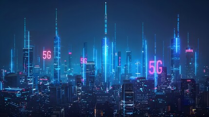 Fototapeta premium A city skyline transformed by futuristic 5G towers and antennas, symbolizing the next-generation cellular network's speed, connectivity, and capability for digital innovation