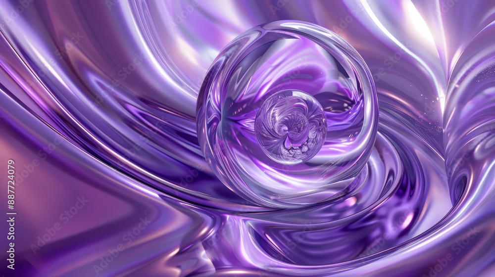 Poster 3d abstract background with waves and curves and sphere planet in purple dreamy gradient colors. liq