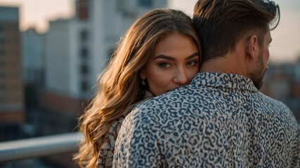 A woman embraces a man on a rooftop at sunset, looking over his shoulder with a thoughtful expression, city buildings in the background.
