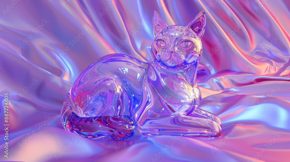 Poster 3d abstract liquid fluid chrome purple gradient smooth background with a pet cat kitten in a dreamy 