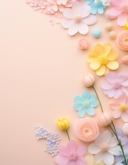 Obraz premium Pastel Flowers and Decoration - Cute Background with Soft Colored Flower Space for Copy, Beautiful and Pretty Wallpaper for Spring, Mother's Day, Woman's Day, Valentine's Day, Birthday, Party, Wedding