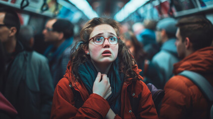 Obraz premium A person clutches their chest with wide eyes, overwhelmed by anxiety in a crowded subway. The image captures the intense feeling of social anxiety amidst the close proximity of fellow passengers.