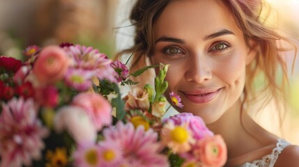 Fototapeta premium A close-up image of a mother receiving a beautiful flower arrangement from her child on Mother Day. The mother face beams with happiness, while the child looks on proudly. The vibrant colors of the