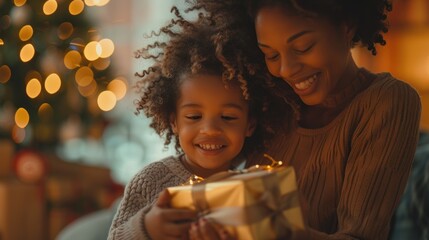 A heartwarming close-up shot of a mother being surprised with a meaningful gift on Mother Day. The child presents a personalized item, and the mother expression of surprise and delight is captured