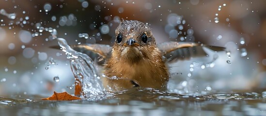 A Brown Bird Takes a Bath in the Water