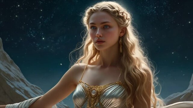Artemis is a goddess of the hunt and moon, with a silver bow. In this painting, she has golden hair and eyes like stars. The moonlight makes her look ethereal. Every detail is beautiful and well-made.