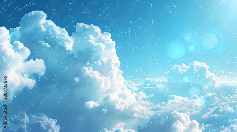 Poster a cloud-filled sky with digital clouds representing various cloud services, showcasing their scalabi
