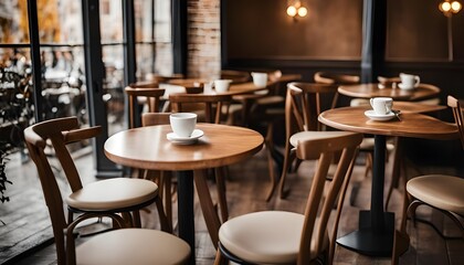 Cafe with tables and chairs. Brown and beige colors. Coffee and autumn flowers are on the tables